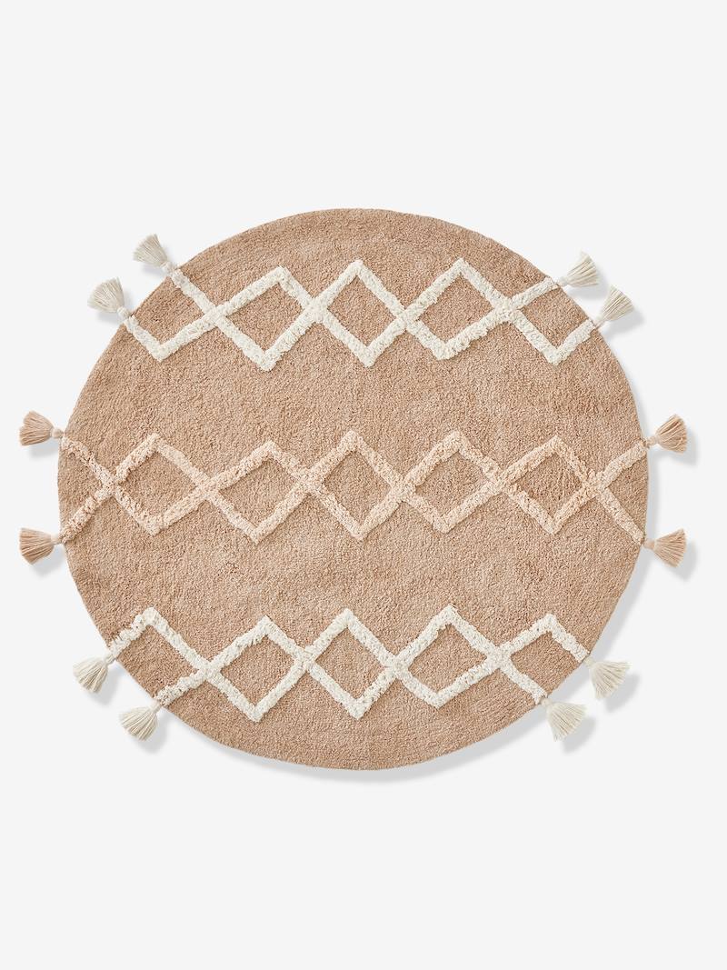 Runder Kinderzimmer Teppich mit Pompons, Berber-Stil - beige